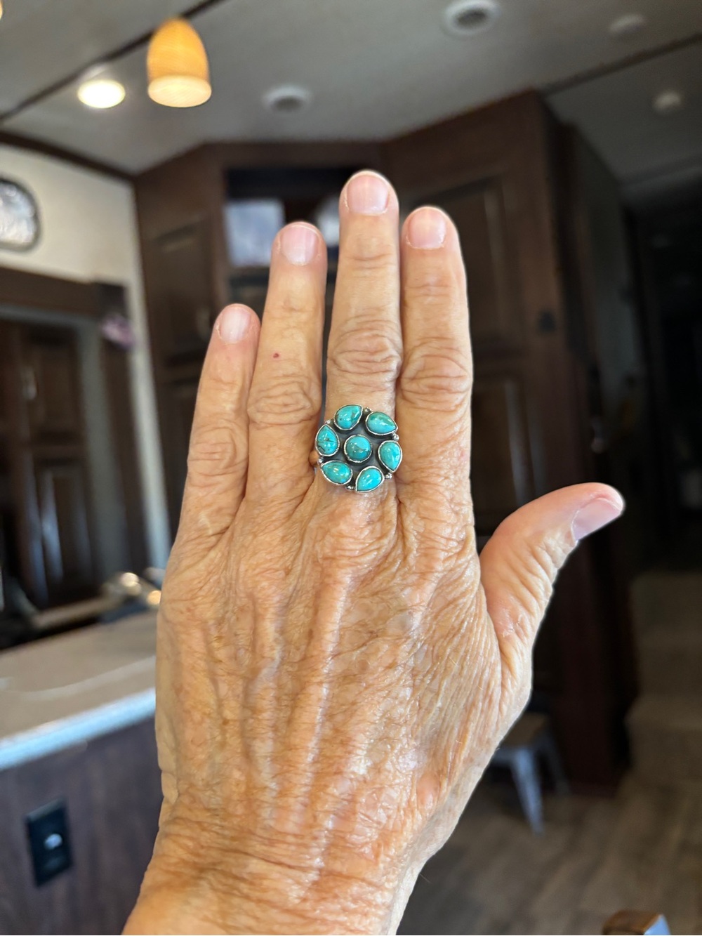 Stunning Kingman Turquoise Cluster Ring In Sterling Silver Ring w Accent Beads